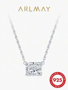 1pc 925 Sterling Silver Rectangular Pendant Necklace, Women's Aesthetic Sparkling Ice Flower Zirconia Daily Jewelry - Silver - View 1
