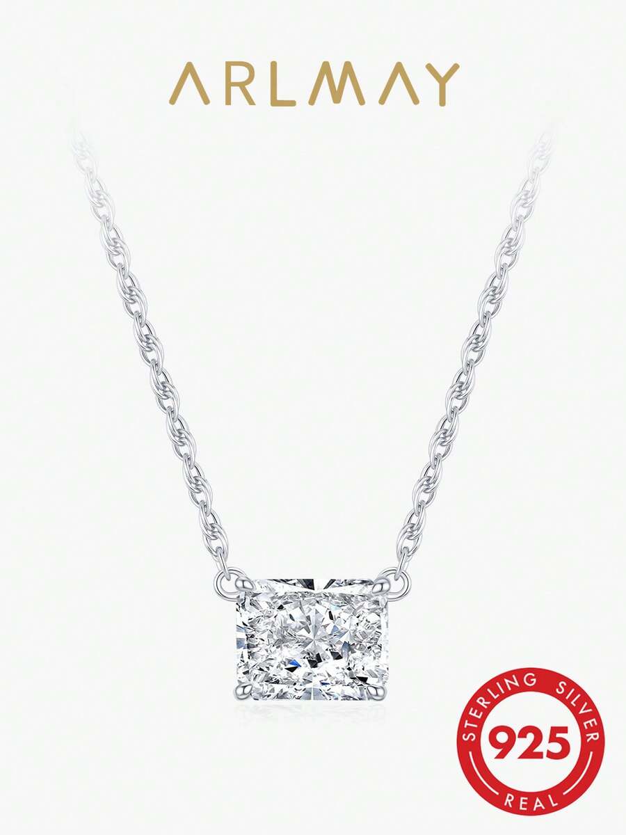 1pc 925 Sterling Silver Rectangular Pendant Necklace, Women's Aesthetic Sparkling Ice Flower Zirconia Daily Jewelry - Silver - View 1