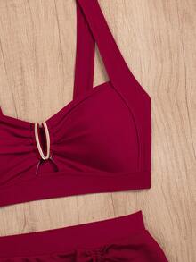 jeederkim New Summer Women Metal Decor Bikini Top, Matching Sheer Mini Skirt, Perfect For Beach Wear Vacation - Burgundy - View 9