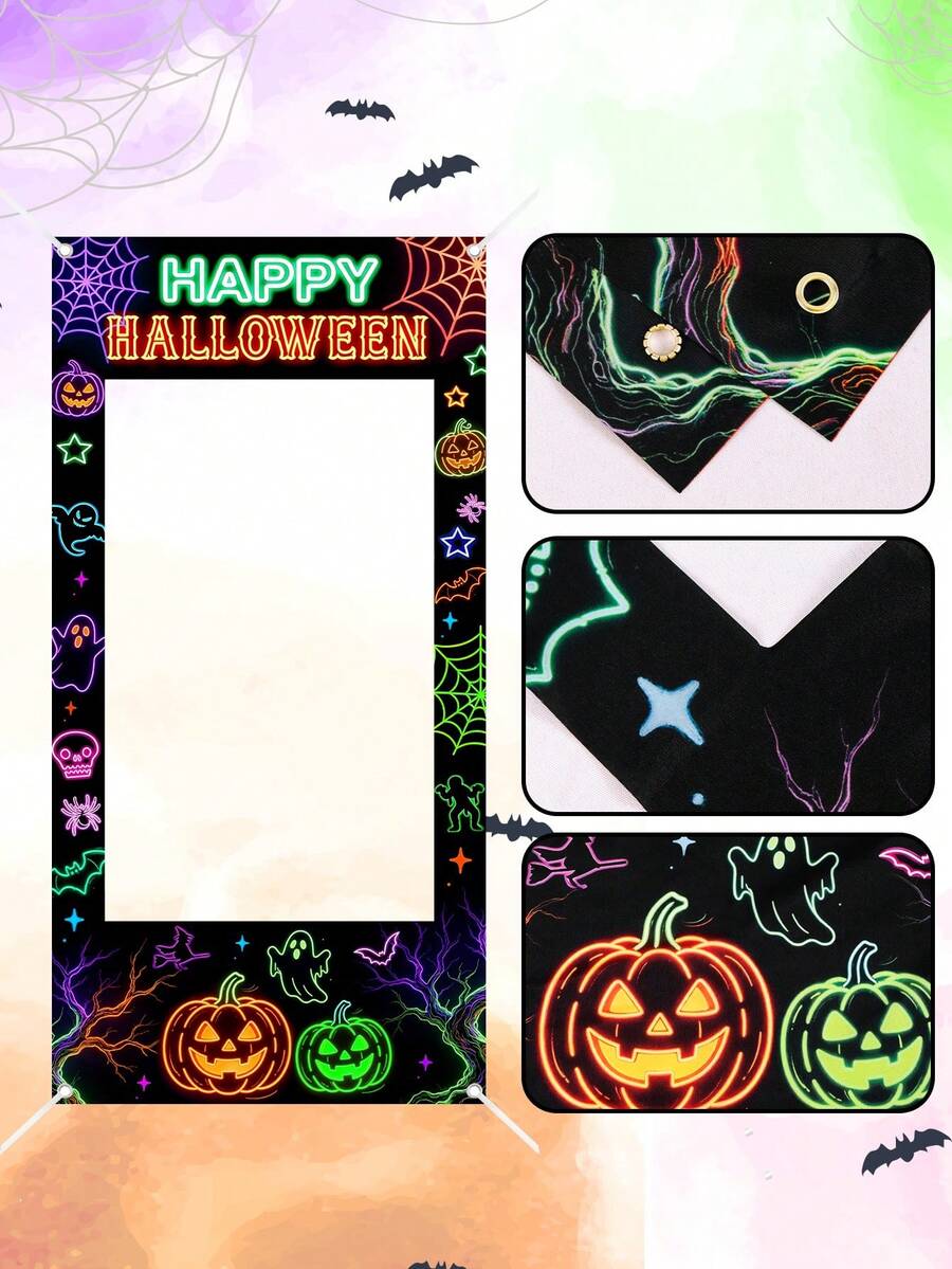 1pc Neon Halloween Polyester Fiber Photo Backdrop, Glowing Ghost Pumpkin Bat Print Photo Frame Prop, Rectangular Photo Frame, Halloween Party Supplies