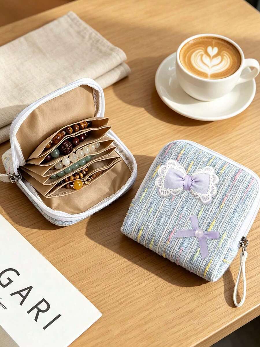 Cute Bow Jewelry Organizer Pouch, Coin Purse,Women Accessories Bag,Multi-Grid Travel Jewelry Case For Earrings Rings Bracelets,Lipstick Holder - Multicolor - View 1