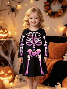 1pc Girls Toddler Casual Halloween Dress, Pink Purple Skull Little Ghost Heart Bat Spider Web Print, Soft Comfortable Knit Fabric, Suitable For Outdoor Wear, Autumn/Winter - Black - View 3