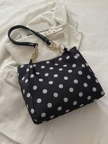 1 pieza Bolso de hombro de moda con patrón de lunares y contraste de color, de poliéster, gran capacidad y cierre de cremallera, adecuado para el uso diario de las mujeres - Blanco y Negro - Ver 8