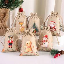 1/6/12/24pcs Festive Christmas Jute Burlap Gift Bags With Drawstring Closure - Watercolor Santa, Snowman, Nutcracker, Gingerbread For Man & Reindeer Designs, Rustic Linen Fabric For Holiday Party Favors, Treat Bags, Jewelry Storage & Xmas Decorations - Multicolor - View 3