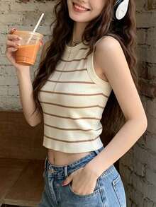 美式復古條紋針織女款背心上衣 夏季性感修身短版露腰拼接上衣 - 焦糖 - 查看 6