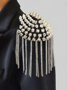 1pc Fashion Gold Studded Tassel Shoulder Brooch - Silver - View 7