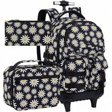 3pcs Girls Floral Print Woven Fabric Backpack Set With Handbag & Pen Pouch, Zipper Closure Sweet Rolling School Bag For Daily Learning - Pink - View 13