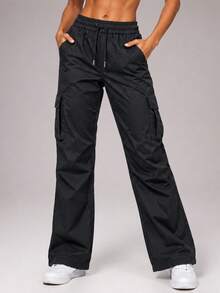 CZRLHYT Women's Drawstring Waist Straight Leg Long Pants, Fresh And Versatile, Suitable For Outdoor Sports, Vacation, Travel, Commuting And Office Wear - Black - View 1