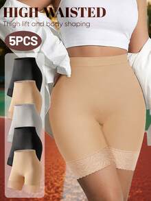 MIOTAN 5pcs Women's Mid-High Waist Panties, Safety Shorts, Breathable & Comfortable, Lace Patchwork, Soft & Minimalist - Multicolor - View 2