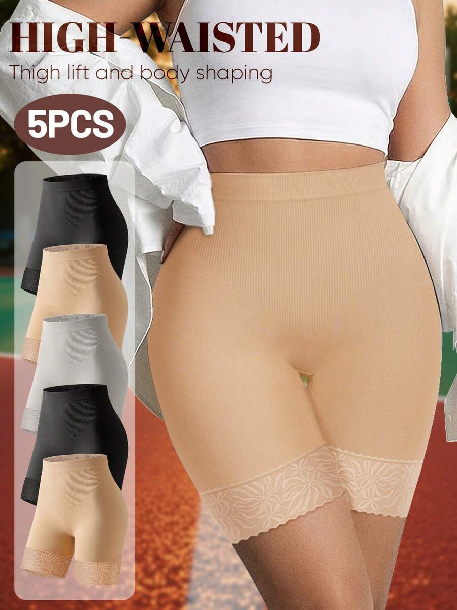 MIOTAN 5pcs Women's Mid-High Waist Panties, Safety Shorts, Breathable & Comfortable, Lace Patchwork, Soft & Minimalist