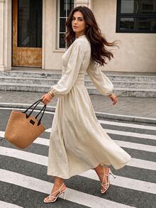 Beige Linen Midi Dress, Women Stand Collar V Neck Lantern Long Sleeve Smocked Waist Flowy A Line Casual Vacation Sundress - Apricot - View 2