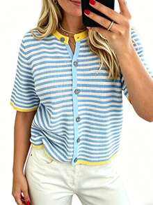 Women Cropped Striped Knit Cardigan Notch Neck Short Sleeves Contrast Button Placket Vertical Rib Fabric For Spring Fall Daily Shopping Trips - Blue - View 5