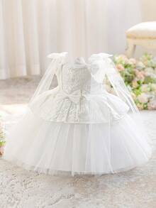 Gaun Bayi Perempuan Lucu dengan Tali Bahu Tebal, Pita, Kain Jacquard, dan Patchwork Jala, Cocok untuk Perayaan Ulang Tahun, Bando Tidak Termasuk - Putih - View 6
