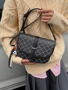 SHIMEINI New Fashion Printed Buckle Decor Shoulder Crossbody Bag, Retro Style Saddle Bag, Women's Daily Use, Work Commute, Vacation Travel, Holiday, - Black - View 4