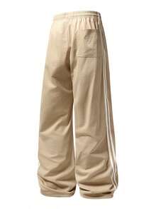 Men's Side Stripe Wide Leg Casual Pants, Elastic Drawstring Waist Lightweight Loose Straight Leg Long Pants, Suitable For Street Daily Sports Wear - Khaki - View 2