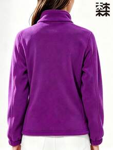 mulinsen Women's Solid Color Fleece Sports Jacket, Stand Collar Zipper Design, Letter Decor, Warm Fabric, Suitable For Hiking And Fitness - Purple - View 4