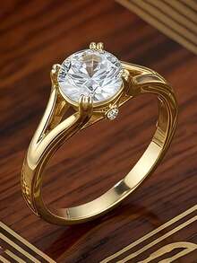 1件優雅立方鋯石戒指，女士婚禮訂婚派對珠寶，情人節禮物 - 金黃色 - 查看 2