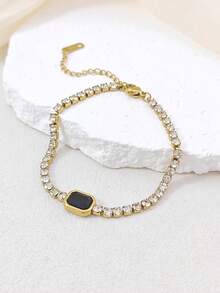 Dainty Tennis Bracelet With Black Rectangular Center Detail, Waterproof Stainless Steel Adjustable Wrist Jewelry, Ornament For Ladies - Multicolor - View 3
