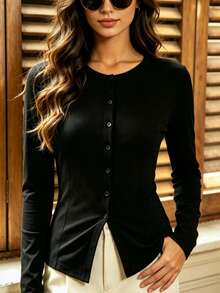 Women's Round Neck Waist-Cinching Long Sleeve Top, Slim Fit, Flattering, Black, Elegant, Commuter, Versatile, Solid Color, Mature Style, Spring/Autumn, Daily Wear - Black - View 3