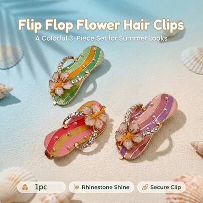 Hawaiian Style Flip-Flop Flower Hair Clip Y2K Color Block Striped Rhinestone Alligator Hair Clip, Non-Slip, Lightweight, Side Bangs Hair Accessory For Beach, Pool, Summer Outfit, Island Travel, Best Friend Gift
