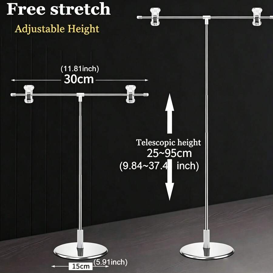 Photography Backdrop Stand Adjustable T-Shape Background Frame Support System With Clips, For Video Studio, POP Poster Stand, Desktop Mini Display Rack, T-Shaped Advertising Stand, Price Tag Clip, Telescopic Stainless Steel Display Stand - View 1