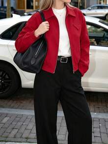Women's Fashion Street Style Casual Red Turn-Down Collar Flight Jacket Coat, All Seasons - Red - View 7