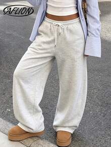 Women Fall Winter Gray Wide Leg Sweatpants, Drawstring Elastic High Waist Trousers With Side & Back Pockets For Daily & Street Wear - Light Grey - View 3