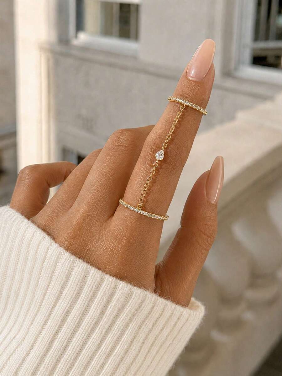 outingfit 1pc New Creative Water Drop Connected Finger Ring, European And American Fashion Evening Party Tassel Hand Jewelry Rings - Rhinestones - View 1