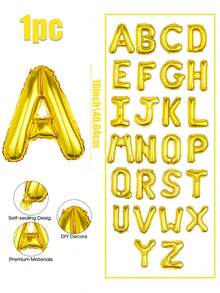 1 pieza Globo de letra de diseño dorado de 16", globo de alfabeto A-Z, suministros de decoración de fiesta DIY, fiesta de cumpleaños, aniversario de boda, decoración del hogar - Dorado - Ver 3