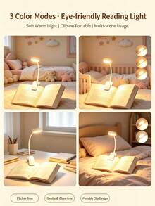 1pc 4-LED White Clip-On Eye Protection Reading Light, Rechargeable Book Light, 3 Color Temperatures, Adjustable Brightness, Mini Portable Clip-On Reading Lamp - White - View 2