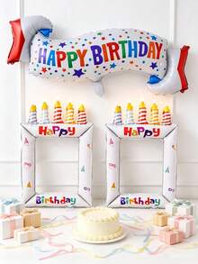 3pcs/Set Happy Birthday Banner, Birthday Photo Frame, Aluminum Foil Balloon Set, Birthday Party Decoration Balloons, Holiday Photography Props, Christmas, Halloween Decoration - Birthday - View 2