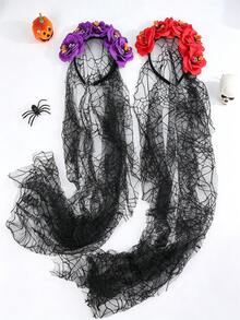 Rose Skull Flower Element - Day Of The Dead Headpiece - Halloween Flower Skull Headband - Spider Web Crown Party Hair Accessory - Multicolor - View 3