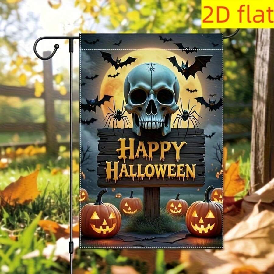 2D Flat - 1pc Large Skull And Pumpkin Lantern Garden Flag With "Happy Halloween" Text - Size 11.8X18.0 Inches, Polyester Material, For Halloween Decoration, Suitable For Indoor And Outdoor Use, Flag Pole Not Included, Single-Sided Print