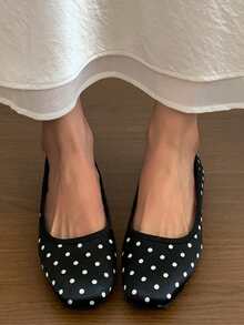 Sepatu Loafer Datar Motif Polkadot Hitam Model Slip-On Retro Ujung Persegi Dangkal Terbaru untuk Wanita, Modis Musim Semi, Serbaguna - Hitam - View 10