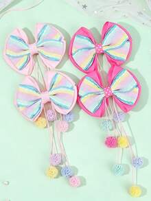 4 piezas de pinzas de lazo para el cabello de color caramelo, pinzas de cocodrilo con cola de pompones largos, barretas de cabello de color arcoíris lindas, horquillas para el cabello para uso diario y fiestas festivas, accesorios para el cabello de adolescentes - Multicolor - Ver 4