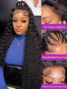 NARNI 32 34 Inch 13x6 HD Deep Wave Lace Front Wigs Human Hair 250% Density Wet And Wavy Human Hair Wig Brazilian Virgin Curly Human Hair Wig For Women Glueless Lace Frontal Wigs With Baby Hair Pre Plucked Hairline Natural Color - Natural Black - 查看 5