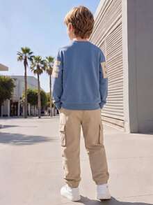Tween Boys' Spring/Autumn Casual Knit 2-Piece Set, Blue Large Letter Print Crew Neck Sweatshirt And Khaki Cargo Pants With Side Pockets And Cuffed Hem - Blue - View 5