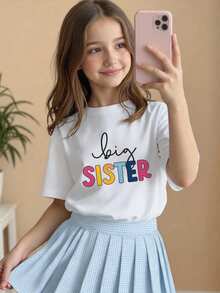 Girls Big Sister Colorful Letter Print Short Sleeve T-Shirt Crew Neck White Top - White - View 5