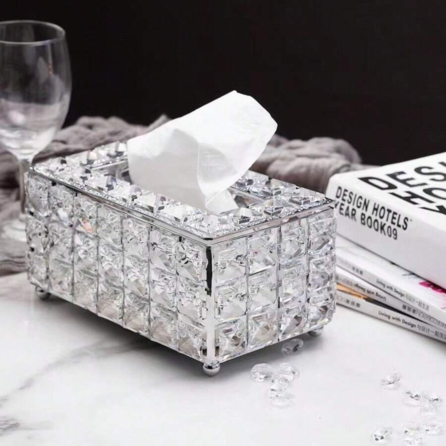 Nordic Style Luxury Crystal Tissue Box, Creative Minimalist Tissue Storage, Home Bathroom Decor, Bathroom Storage Organizer, Autumn Decoration, Back To School - Silver - View 1