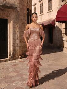 LOVE&LEMONADE Gold Cold Shoulder Sequin Tassel Long Evening Gown Wedding Dress - Gold - View 4