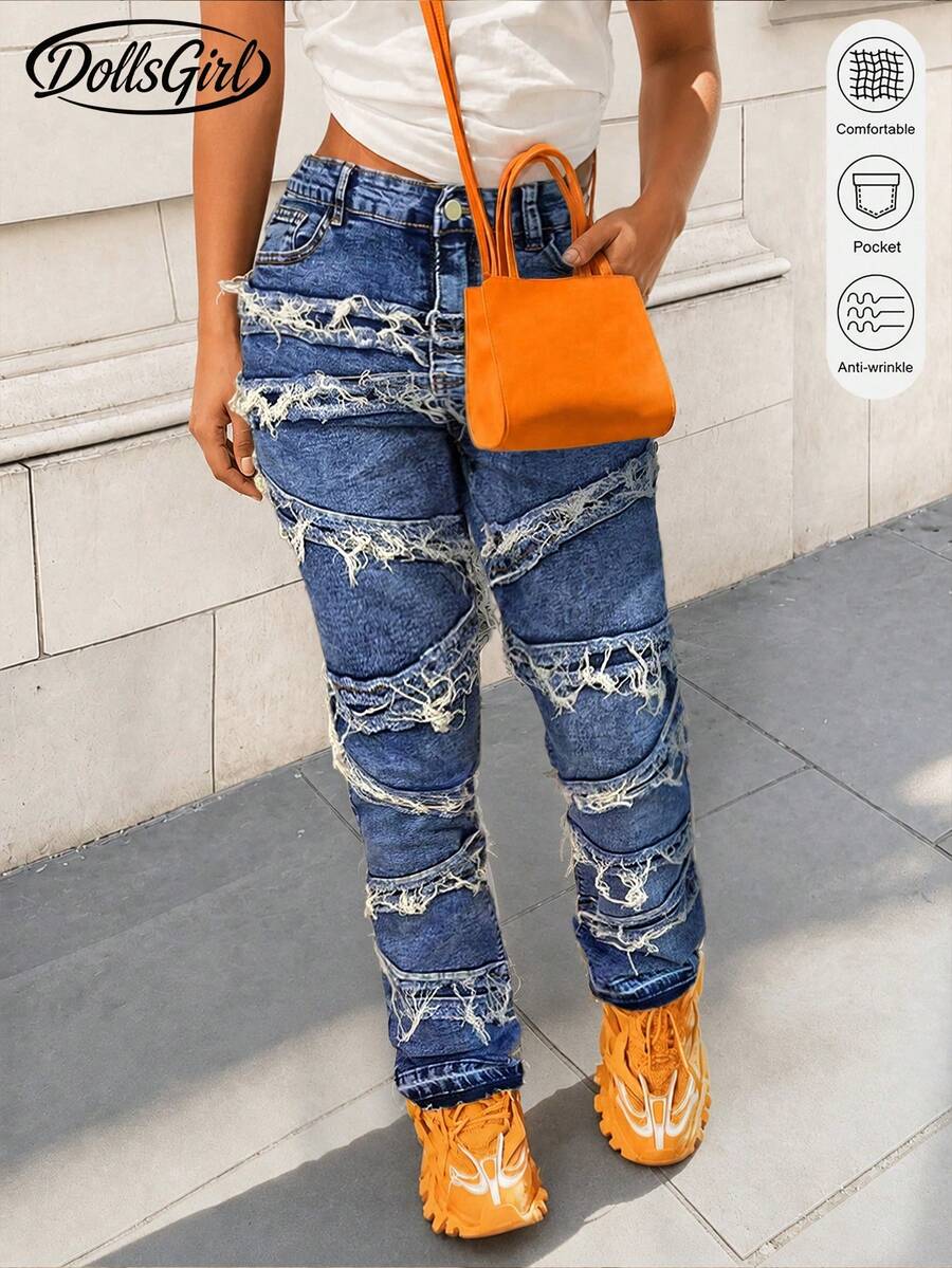Jeans Hip Hop Patchwork Saku Miring Gaya Jalanan Y2K 90-an, Elastis, Rusak, Berumbai, dan Berjumbai, Desain Rumbai Unik. - Biru - View 1