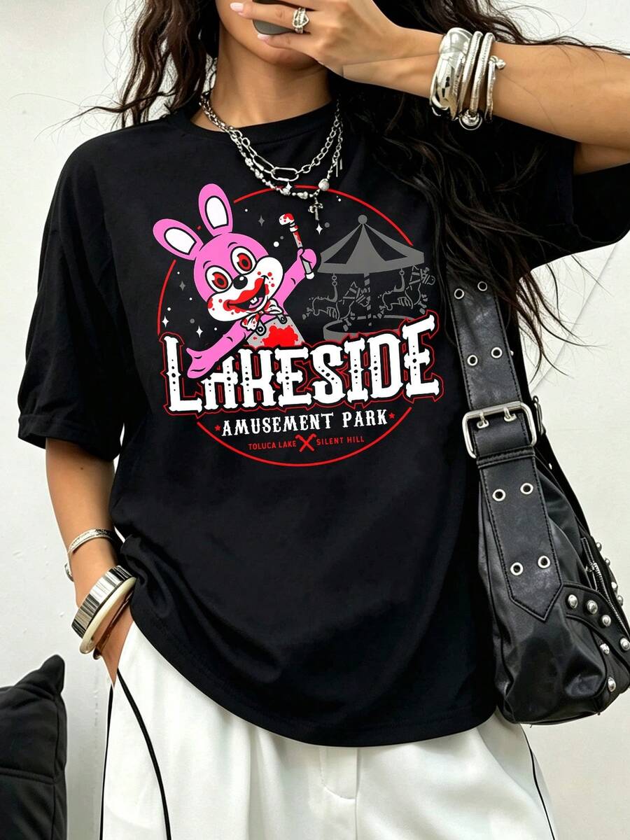 Silent Hill Lakeside Park Robbie Rabbit  Cotton Tee Horror Game Gothic Unisex Oversized Graphic Tee - Black - View 1