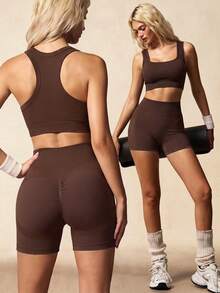 Women's Seamless Ribbed Racerback Sports Set, High Waist Butt Lifting Fitness Shorts, Tight Compression Yoga Underwear 2 Pieces Set - Brown - View 2
