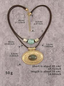 1pc Bohemian Artistic Style Double Layer Wax Rope Embossed Floral Oval Resin Pendant Necklace, Unique Beaded Necklace Accessory With Adjustable Extension Chain, Christmas Halloween Daily Wear Accessory, Gift For Girlfriend, Best Friend, Elders - Short - View 4