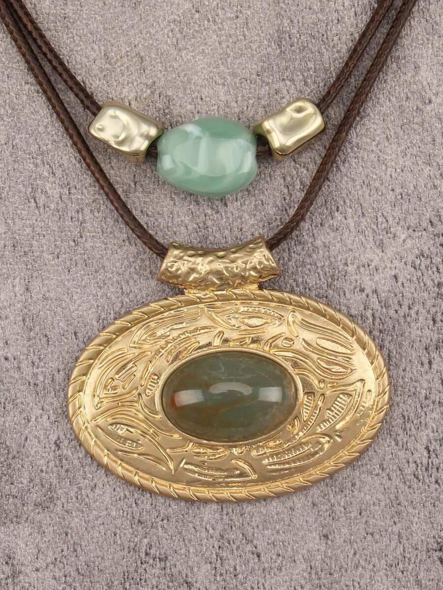 1pc Bohemian Artistic Style Double Layer Wax Rope Embossed Floral Oval Resin Pendant Necklace, Unique Beaded Necklace Accessory With Adjustable Extension Chain, Christmas Halloween Daily Wear Accessory, Gift For Girlfriend, Best Friend, Elders - Short - View 1