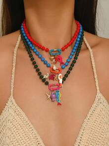 1pc Elegant Fashion Vacation Style Colorful Beaded Alloy Seashell Multi-Element Necklace & Bracelet Set, Suitable For Vacation Wear, Slimming And Elegant - Hot Pink - View 1