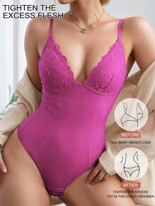 1pc Seamless Lace Deep V-Neck Shaping Bra, Effective Body Shaper Suitable For Weddings And Parties - Hot Pink - View 1