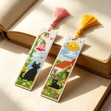 6pcs Beginner Cross Stitch Bookmark Full Material Kit, Fresh Pastoral Style Black Cat Town Landscape Print, DIY Handmade Colorful Tassel, Stress Relief Artistic Creative Gift - Multicolor - View 7