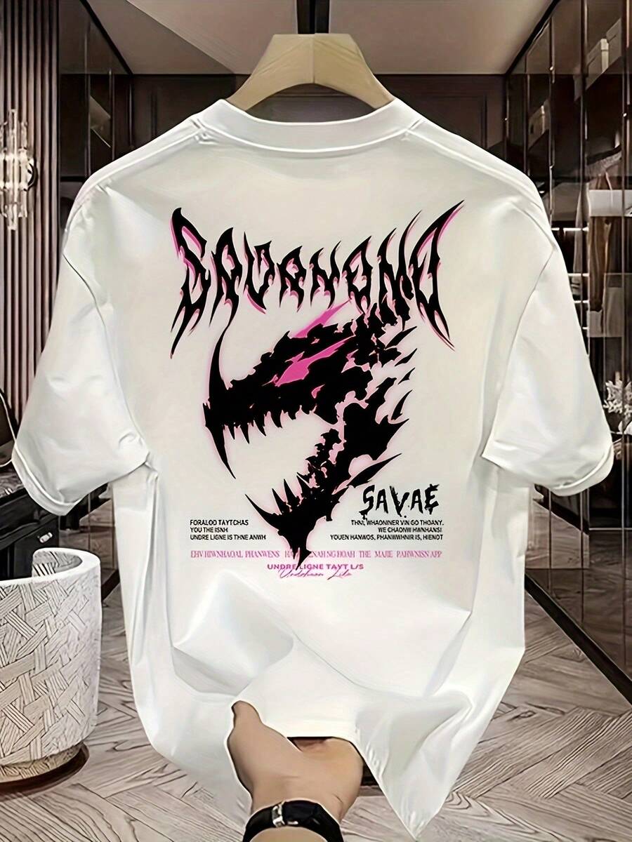 Herren Oversized T-Shirt mit reinem Muster - Schwarz mit rosa und weißem Drachen-Design, lässige Streetwear, Rundhals, kurze Ärmel, lockere Passform, geeignet für Freizeitkleidung, Muster-T-Shirt |   Mode - Weiss - Übersicht 1