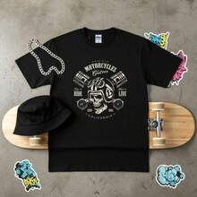 American Motorcycles Custom Skull Graphic T-Shirt 100% Cotton 180 G/M² Crew Neck Breathable Regular Fit Summer Motorcycle Riding Festival - 黑色 - 查看 3